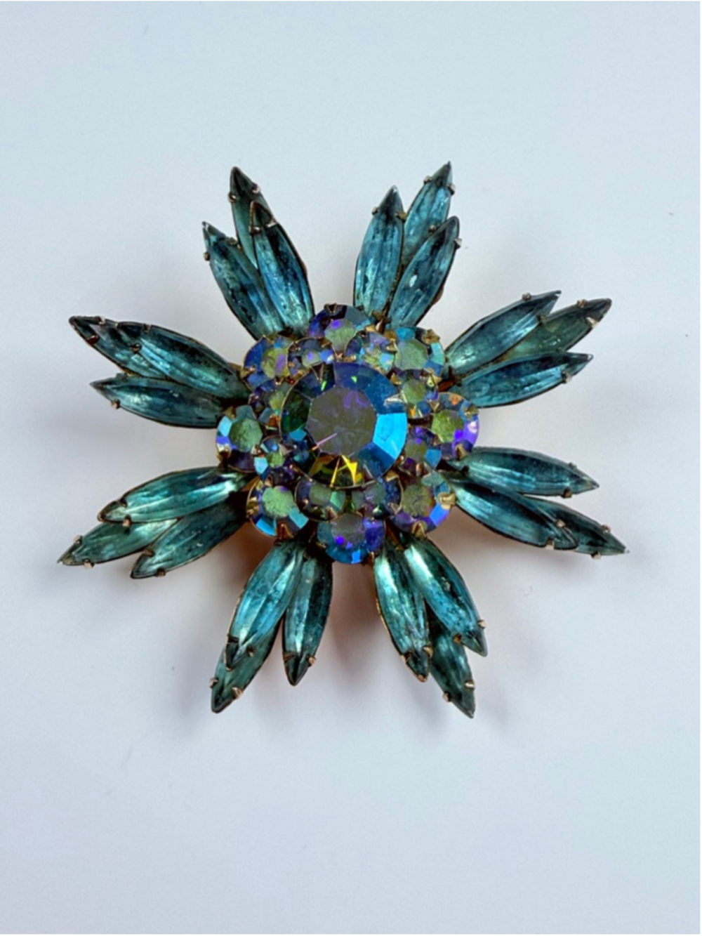 Judy Lee Aqua Blue & AB Rhinestone Crystal Gold Tone Flower VTG Brooch 2.3"